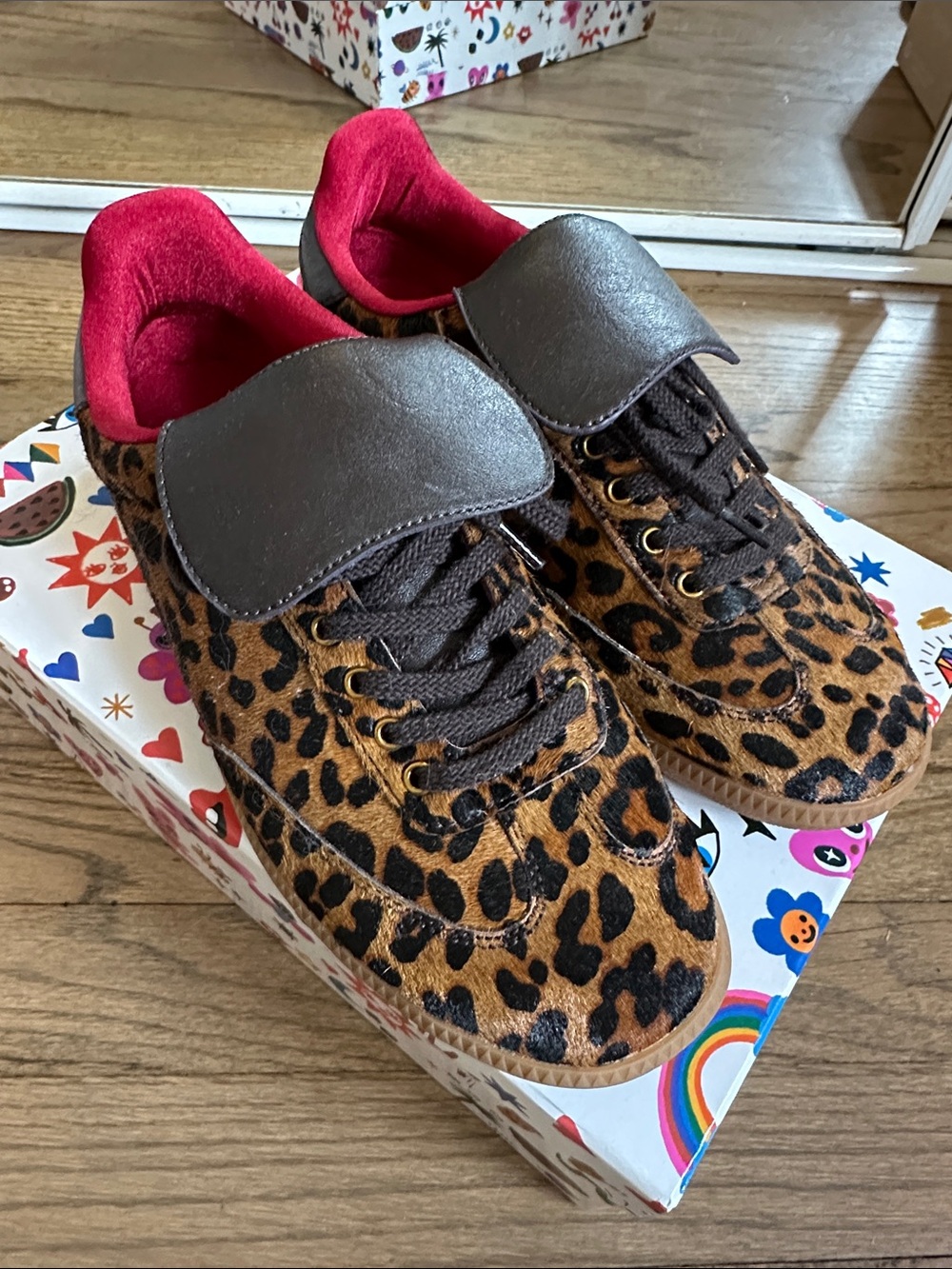 Jeffrey Campbell Dillan Leopard Print Lace-Up Sneakers with red Lining